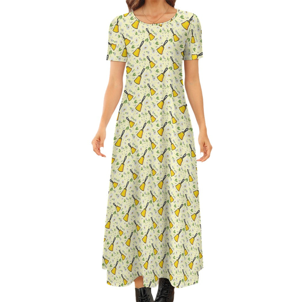 Yellow Handbells & Daisies Round Neck Short Sleeve Dress (No Pockets)