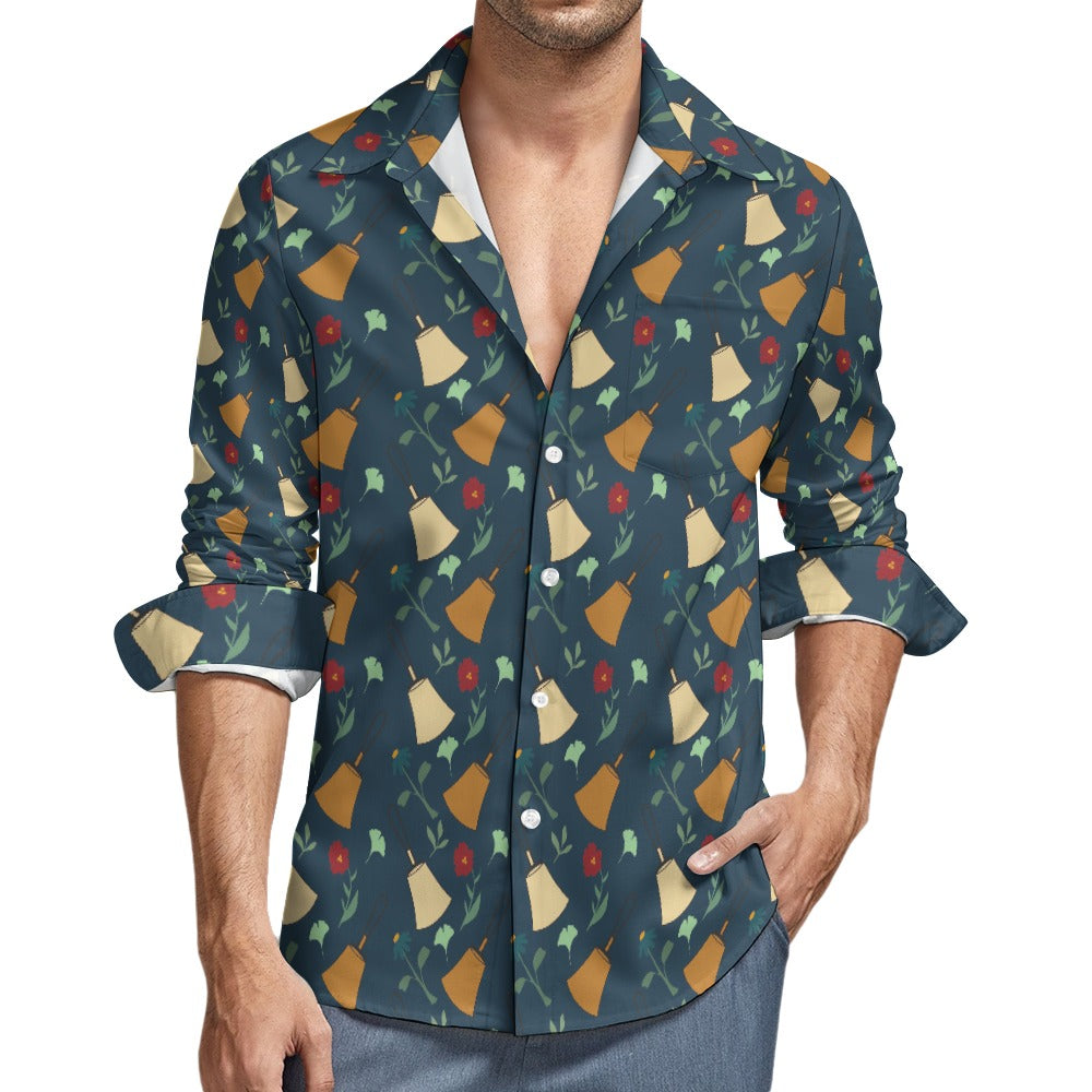 Bell Floral Deep Blue Velvet Casual One Pocket Long Sleeve Shirt