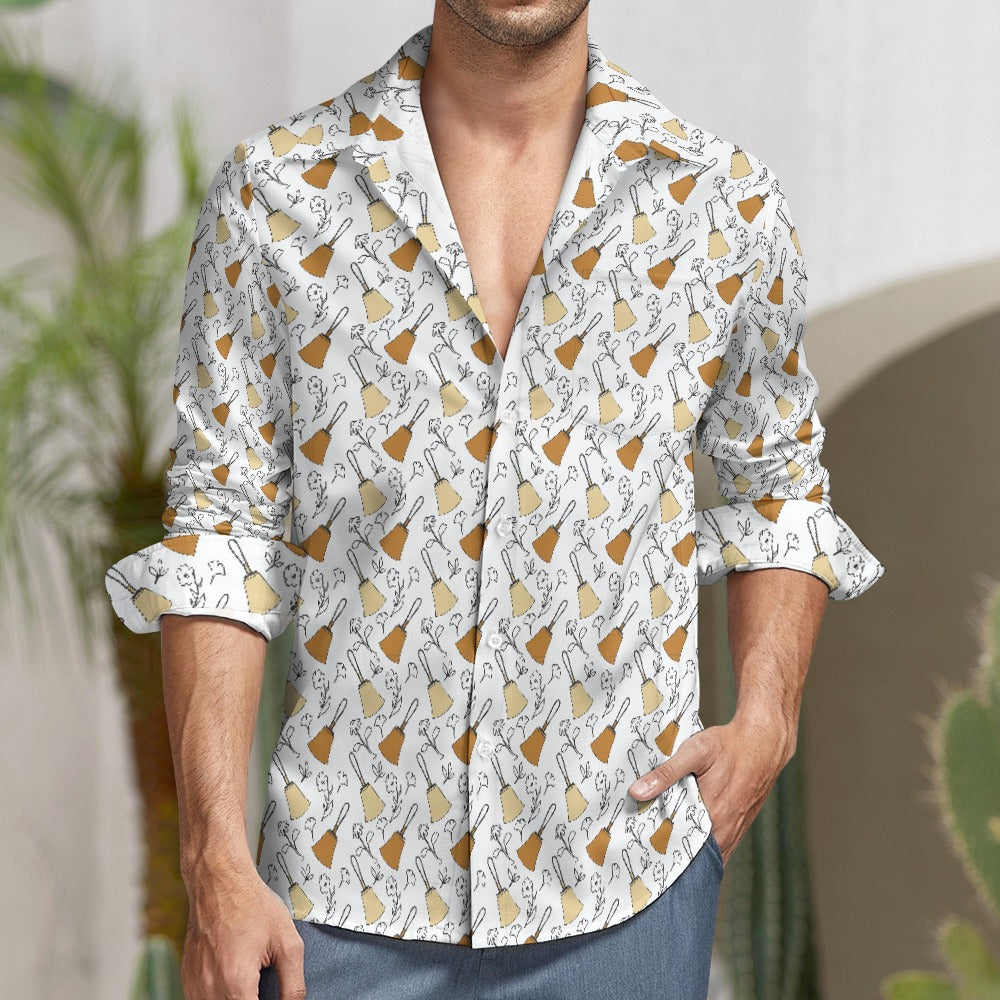 Bell Floral Black & White Peach Velvet Casual One Pocket Long Sleeve Shirt