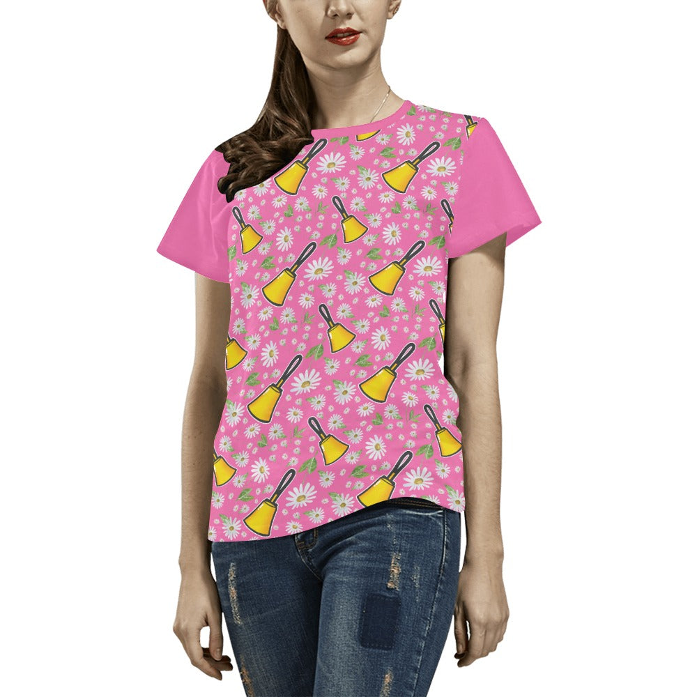 Pink Handbells & Daisies Women's All Over Print T-shirt - Pink Sleeves