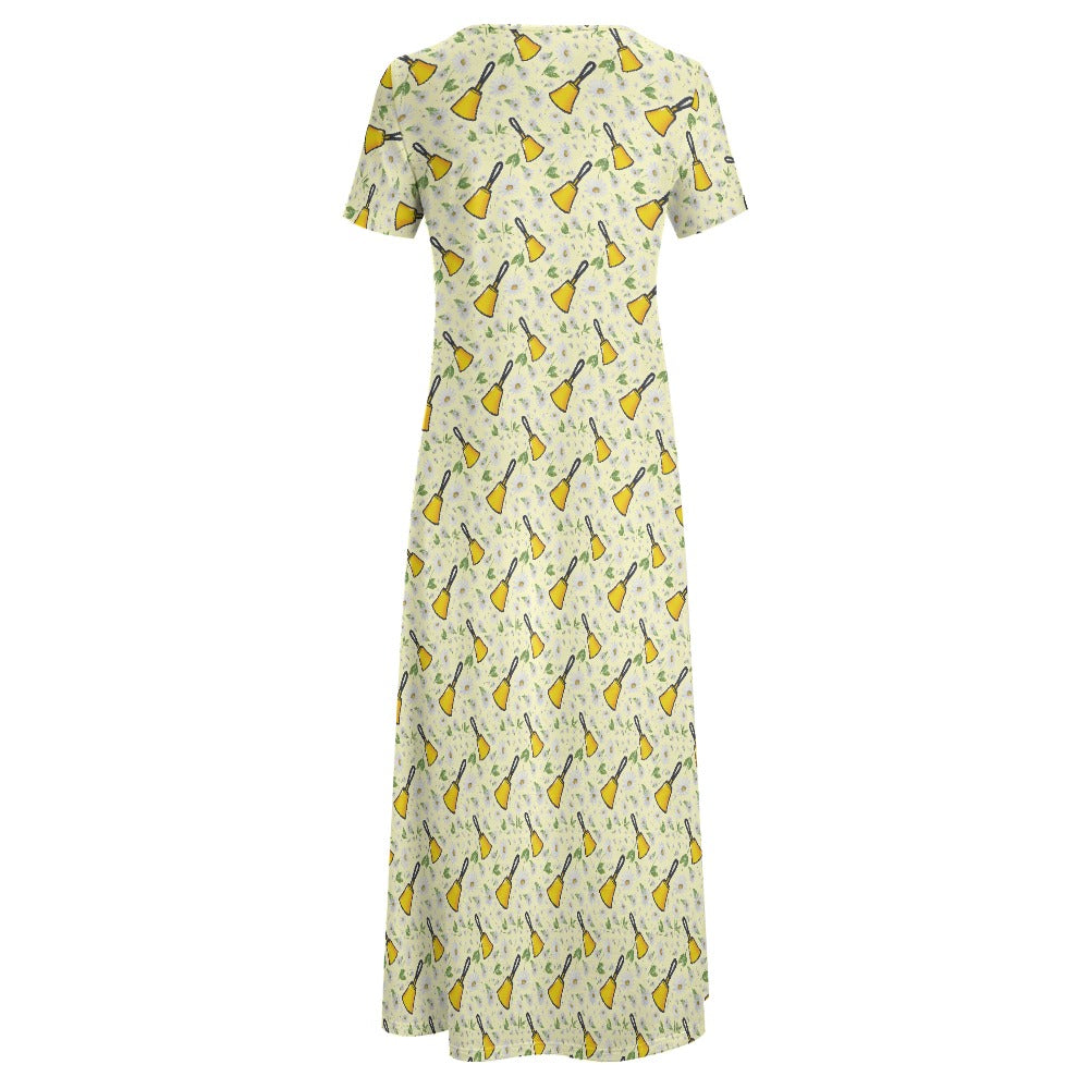 Yellow Handbells & Daisies Round Neck Short Sleeve Dress (No Pockets)