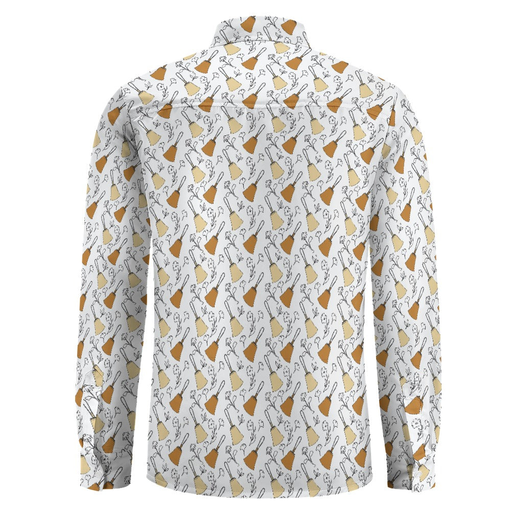 Bell Floral Black & White Peach Velvet Casual One Pocket Long Sleeve Shirt