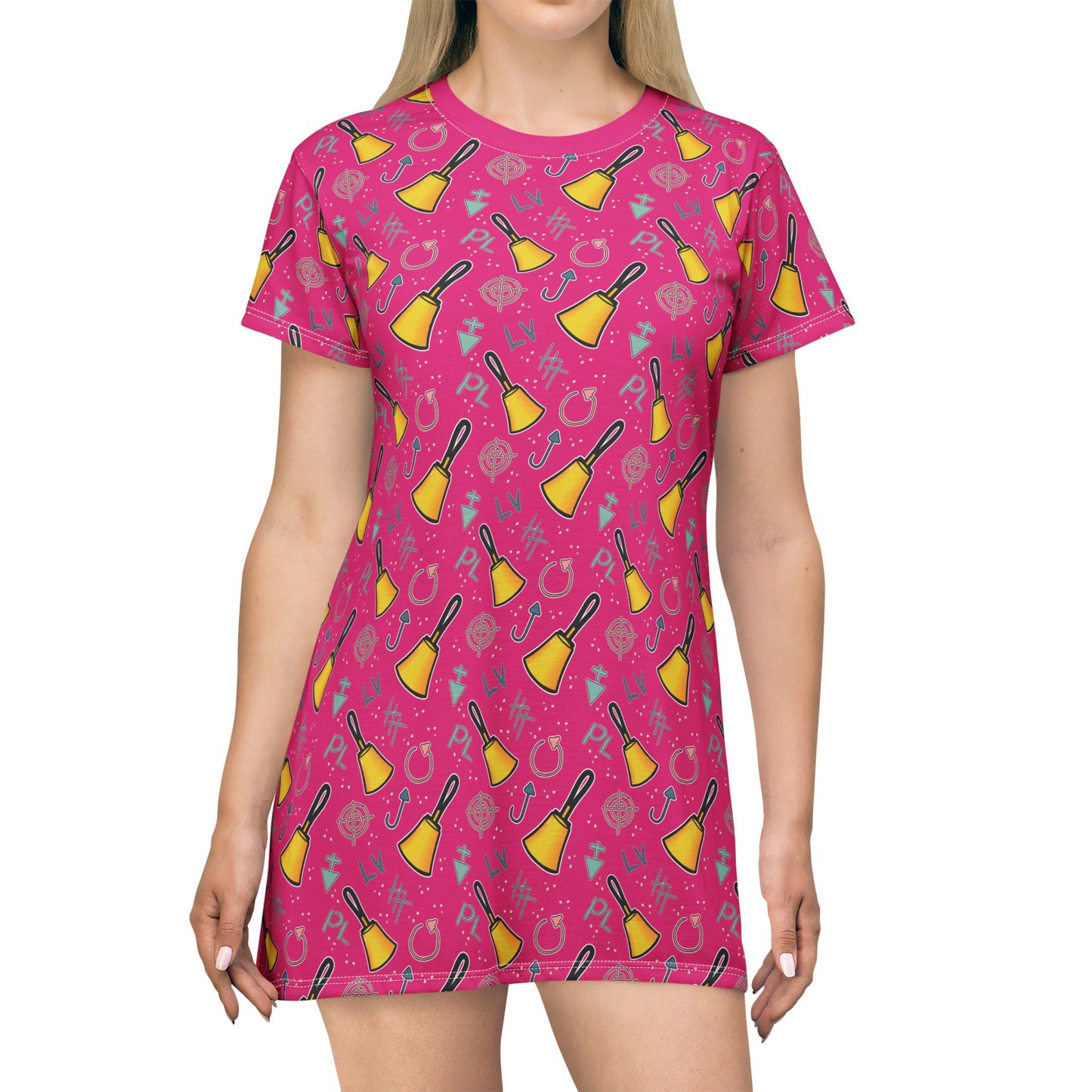 T-Shirt Dress - Cartoon Handbell print - Pink