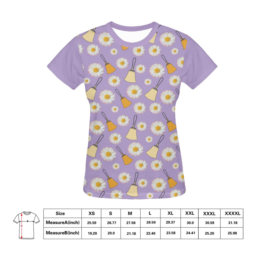 Purple Handbells & Daisies Women's All Over Print T-shirt - Solid Sleeves