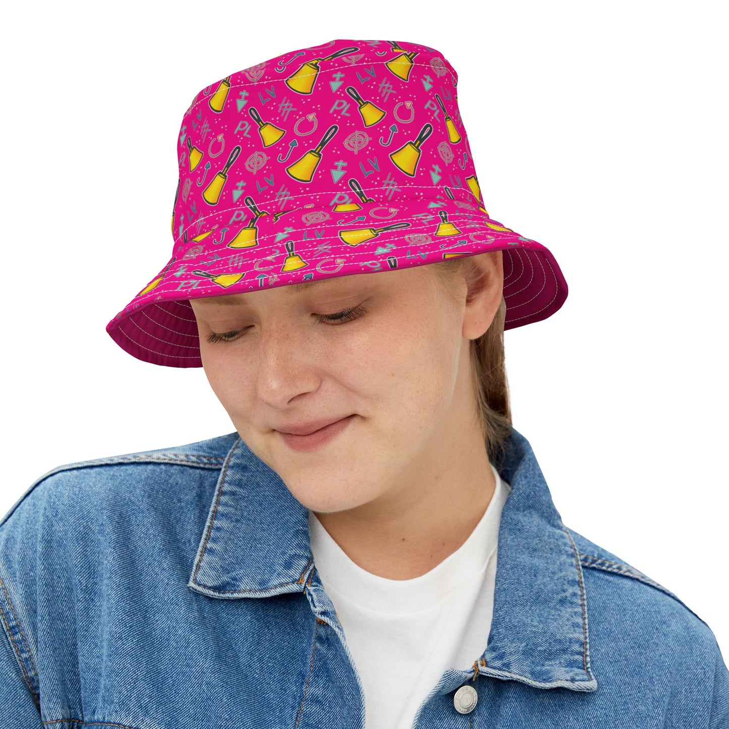 Bucket Hat - Cartoon Handbell Print Pink