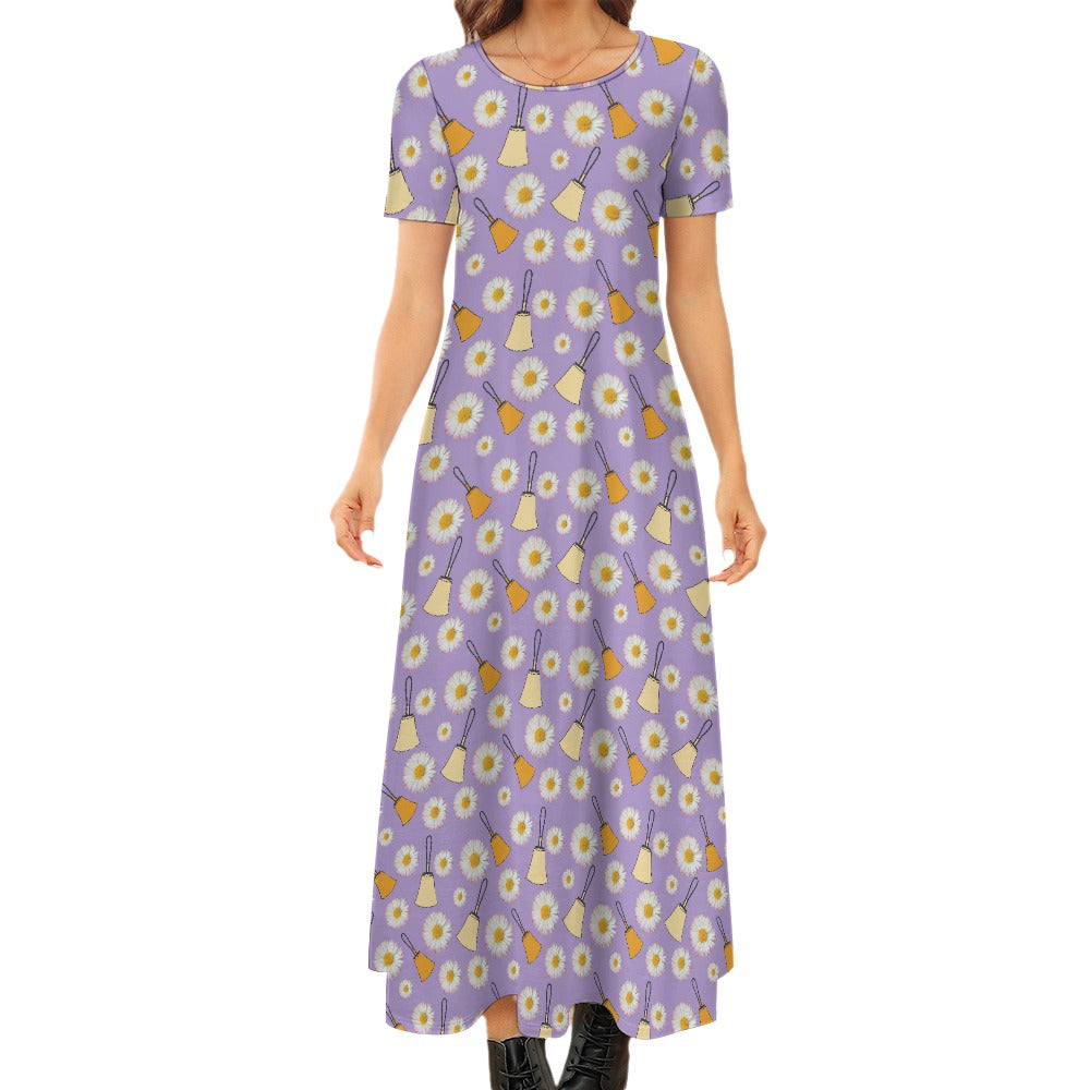 Purple Handbells & Daisies Round Neck Short Sleeve Dress (No Pockets)