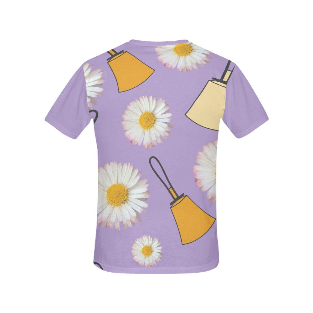 Purple Handbells & Daisies Women's All Over Print T-shirt - Solid Sleeves