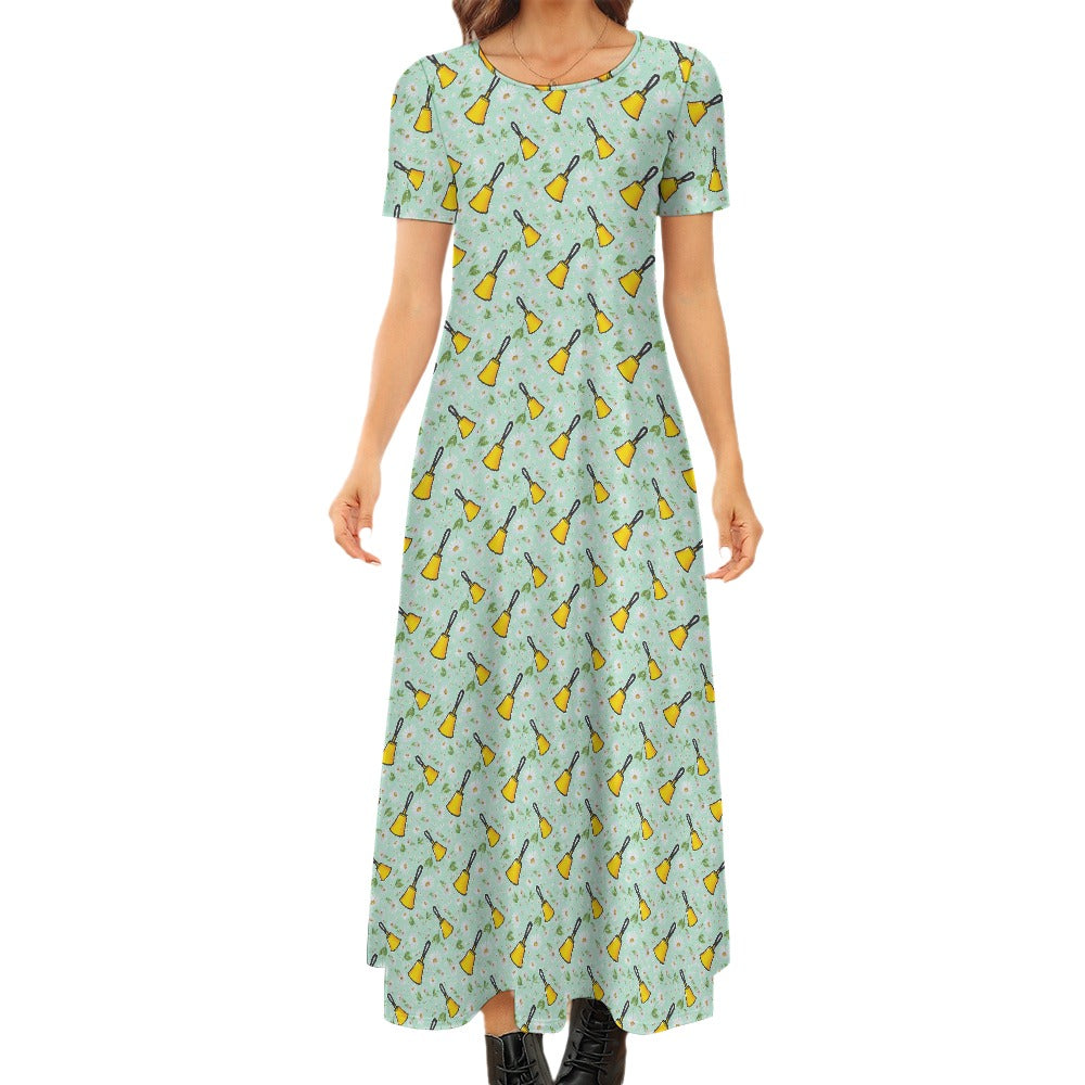 Aqua Handbells & Daisies Round Neck Short Sleeve Dress (No Pockets)