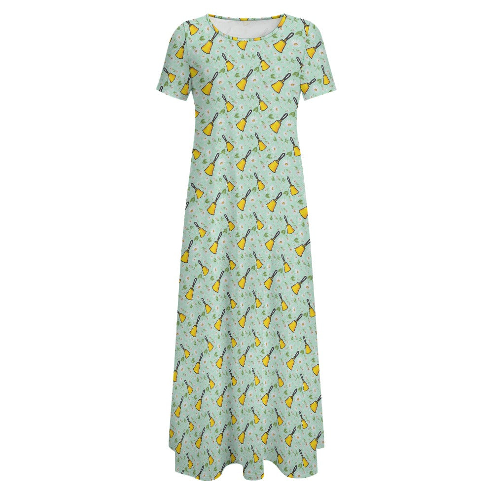 Aqua Handbells & Daisies Round Neck Short Sleeve Dress (No Pockets)