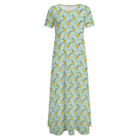 Aqua Handbells & Daisies Round Neck Short Sleeve Dress (No Pockets)
