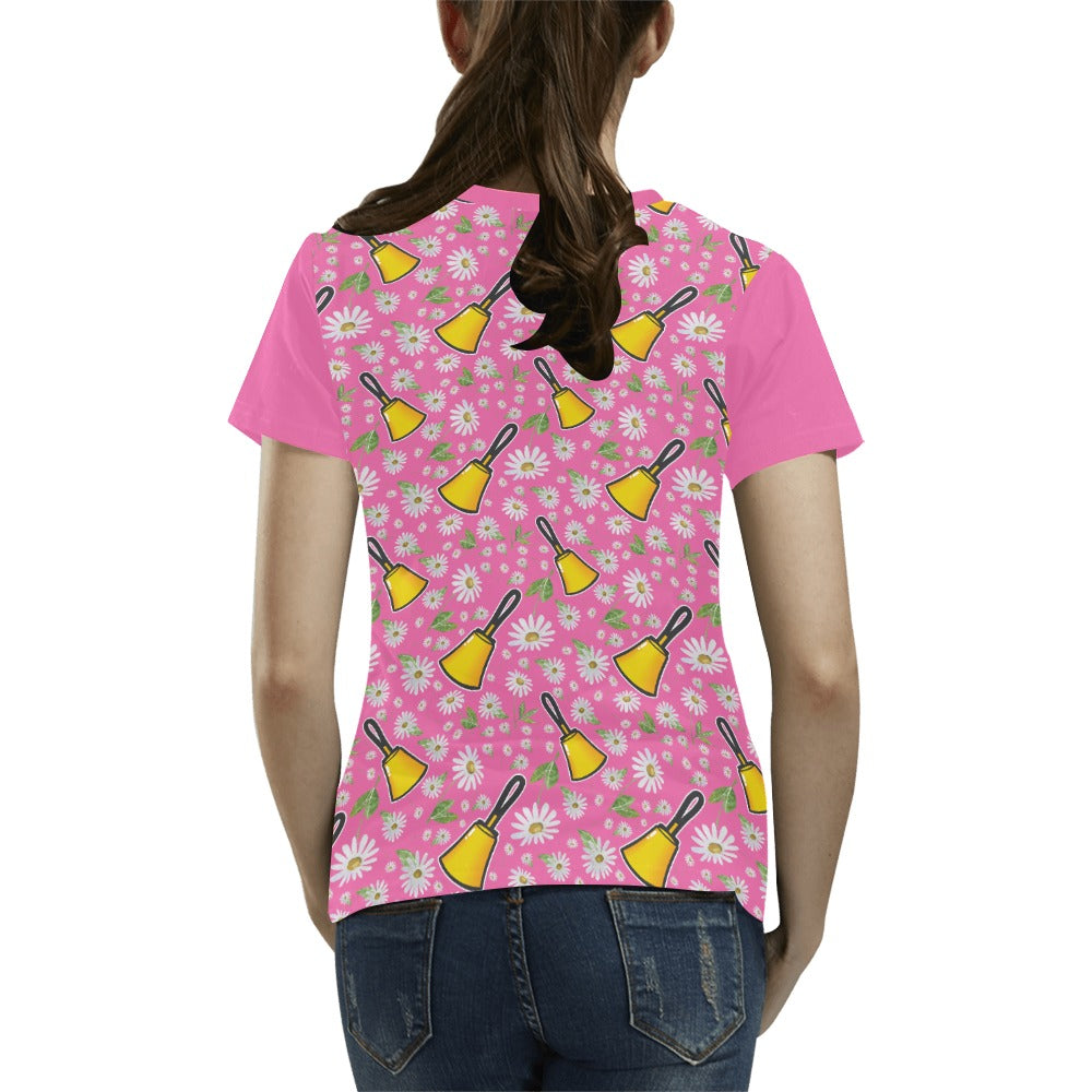 Pink Handbells & Daisies Women's All Over Print T-shirt - Pink Sleeves