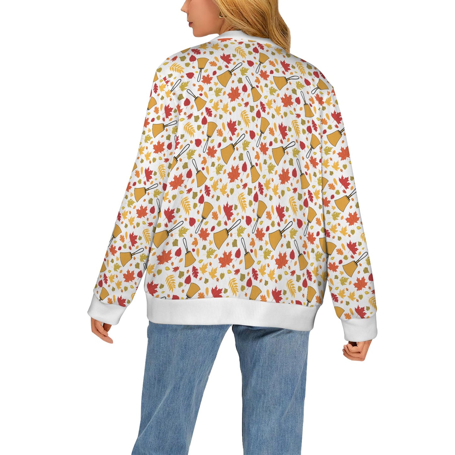 Handbell Falling Leaves White Women's Cardigan