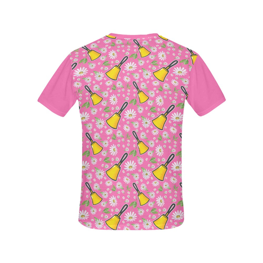 Pink Handbells & Daisies Women's All Over Print T-shirt - Pink Sleeves