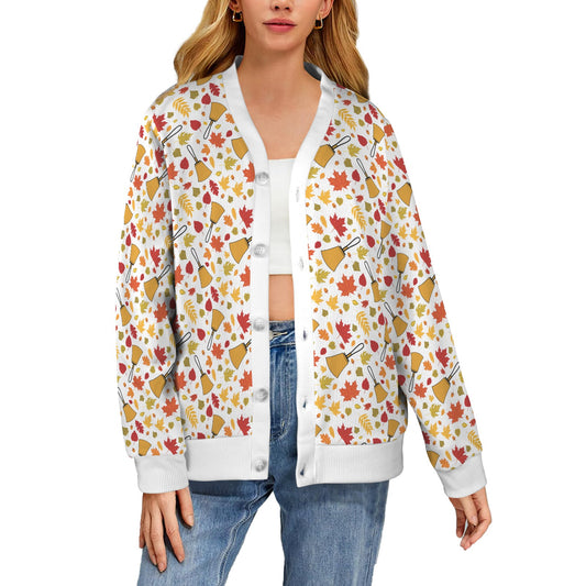 Handbell Falling Leaves White Women's Cardigan