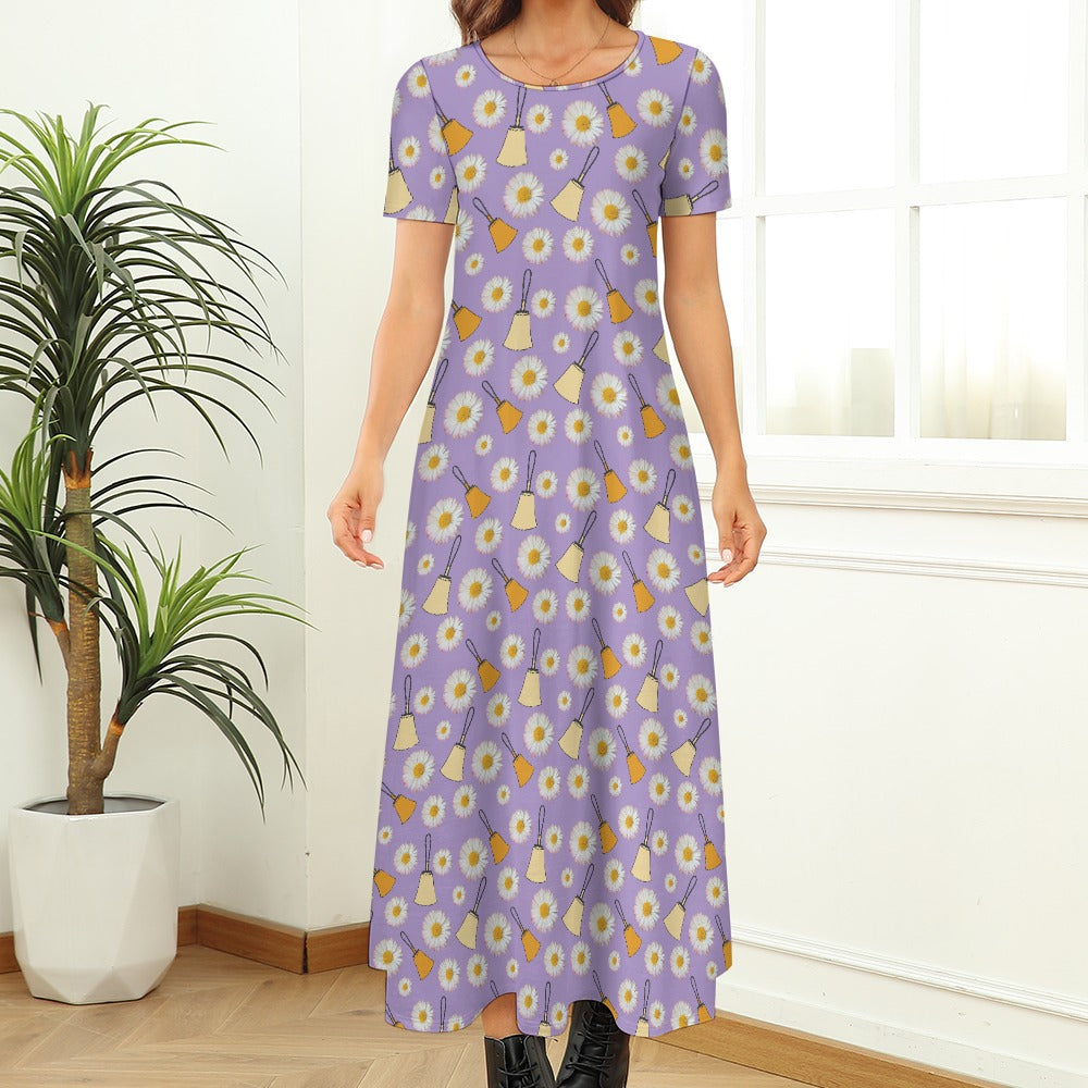Purple Handbells & Daisies Round Neck Short Sleeve Dress (No Pockets)