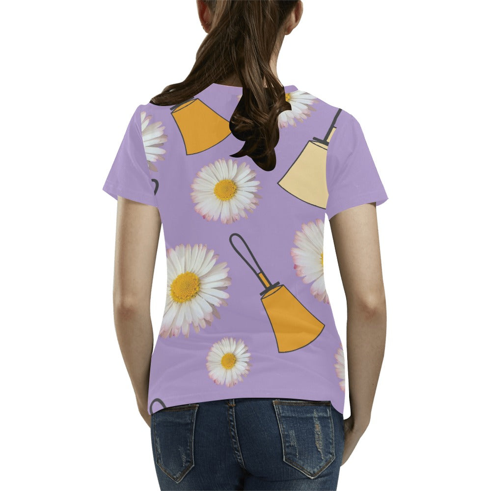 Purple Handbells & Daisies Women's All Over Print T-shirt - Solid Sleeves