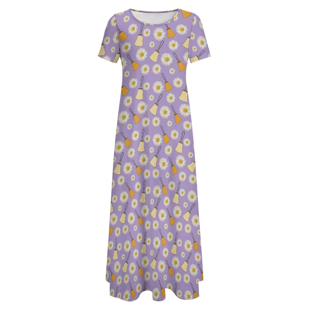 Purple Handbells & Daisies Round Neck Short Sleeve Dress (No Pockets)