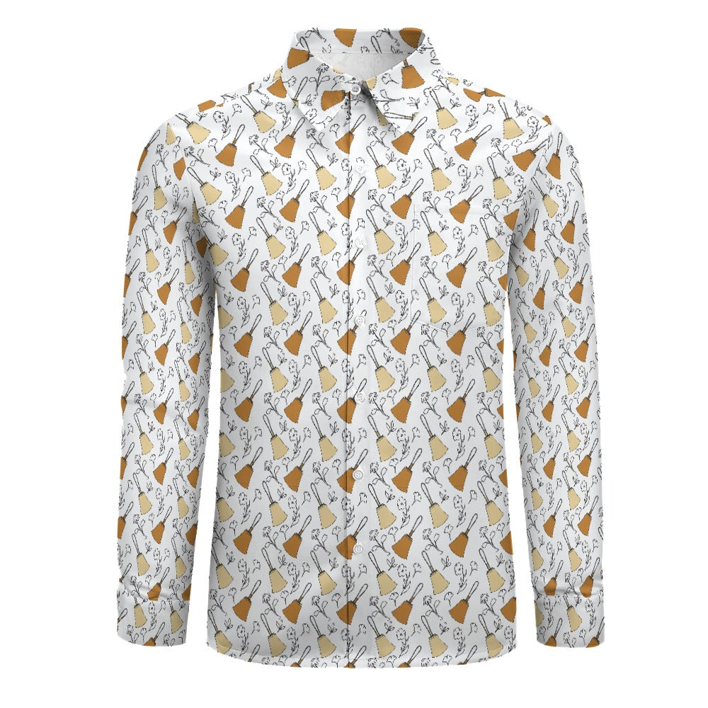 Bell Floral Black & White Peach Velvet Casual One Pocket Long Sleeve Shirt