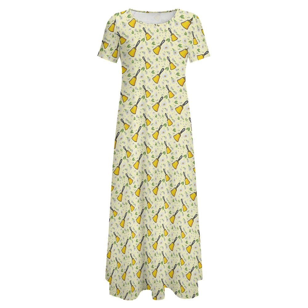 Yellow Handbells & Daisies Round Neck Short Sleeve Dress (No Pockets)