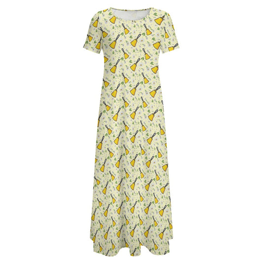 Yellow Handbells & Daisies Round Neck Short Sleeve Dress (No Pockets)