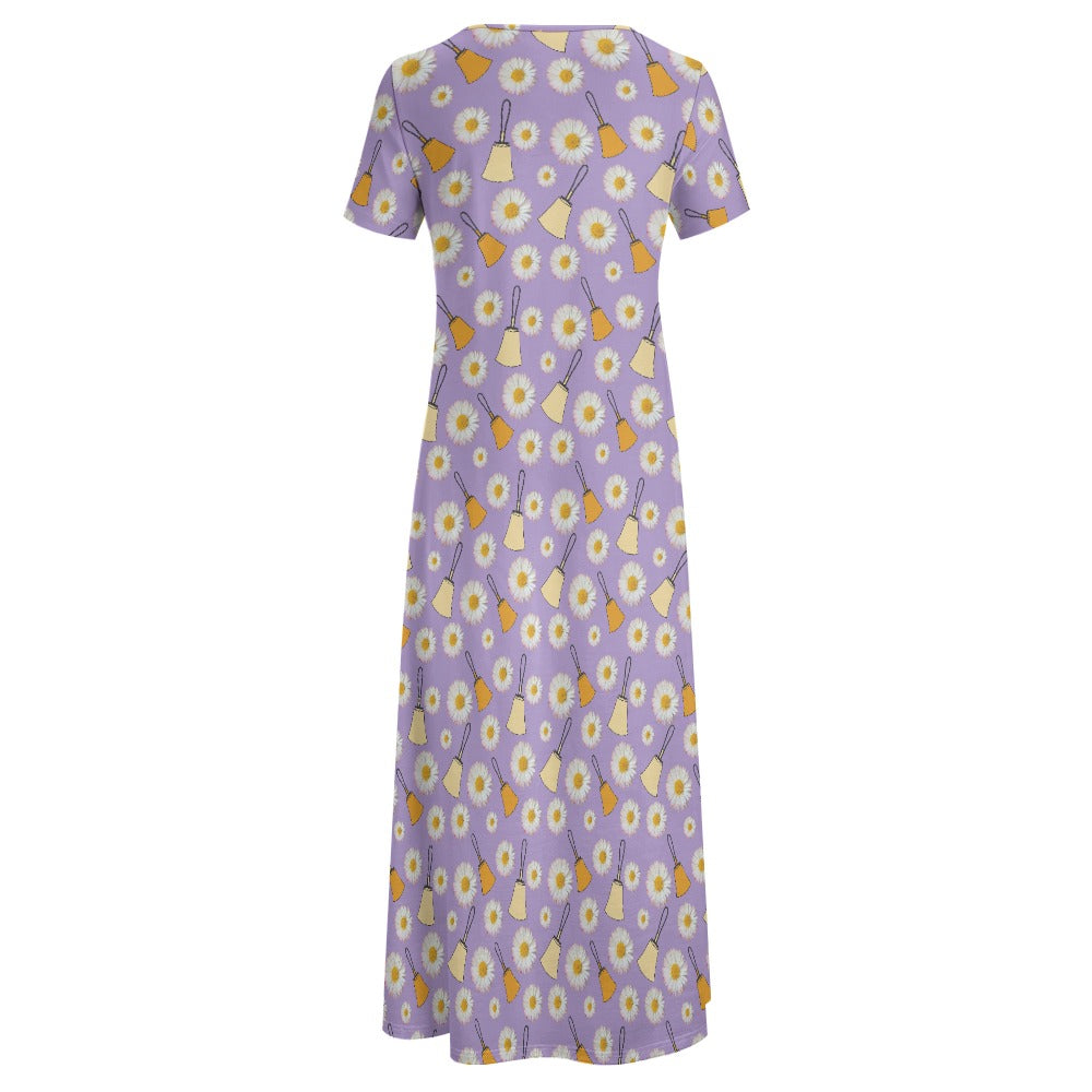 Purple Handbells & Daisies Round Neck Short Sleeve Dress (No Pockets)