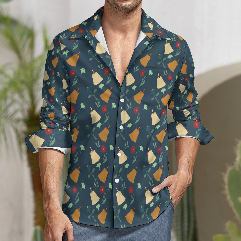 Bell Floral Deep Blue Velvet Casual One Pocket Long Sleeve Shirt