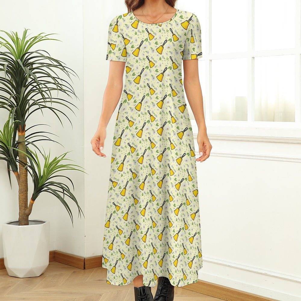 Yellow Handbells & Daisies Round Neck Short Sleeve Dress (No Pockets)