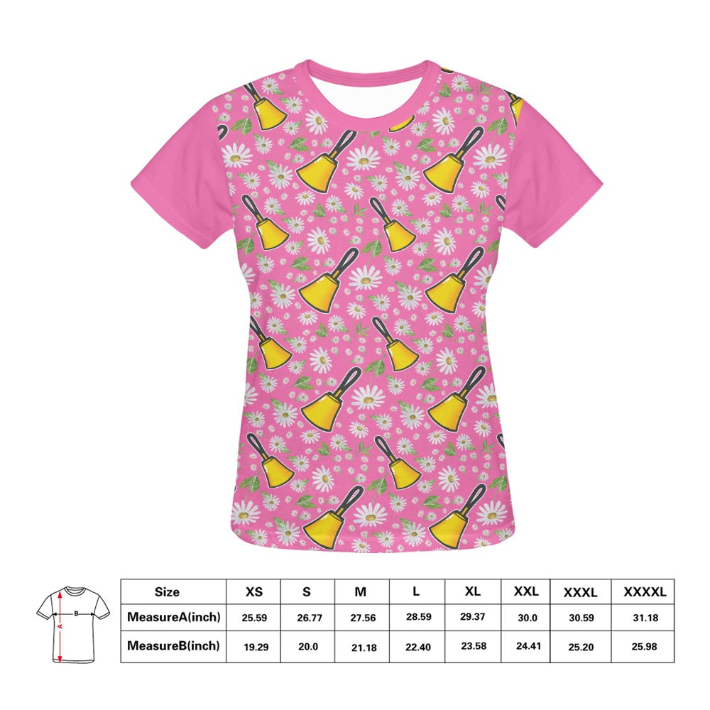 Pink Handbells & Daisies Women's All Over Print T-shirt - Pink Sleeves
