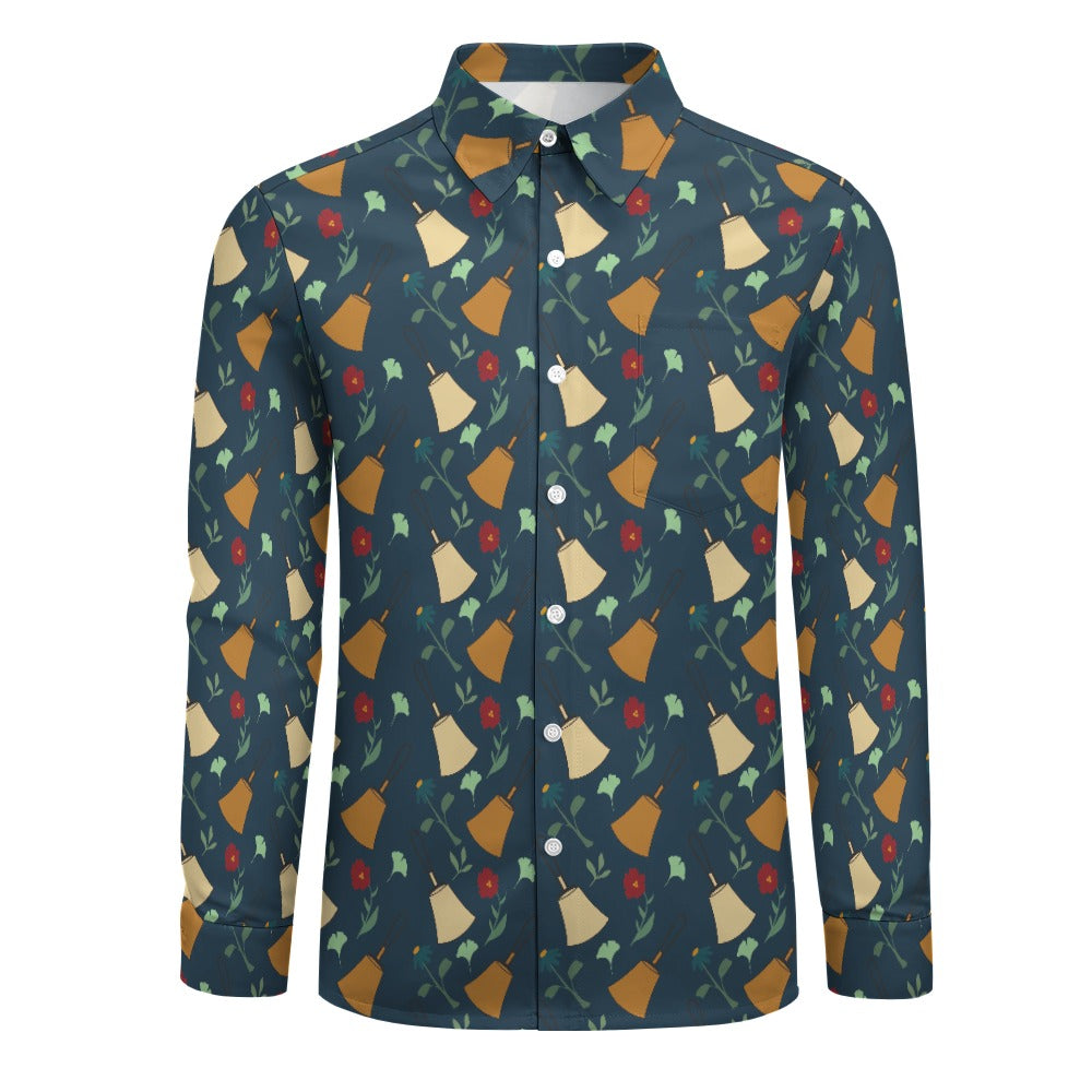 Bell Floral Deep Blue Velvet Casual One Pocket Long Sleeve Shirt
