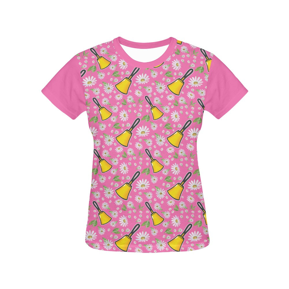 Pink Handbells & Daisies Women's All Over Print T-shirt - Pink Sleeves
