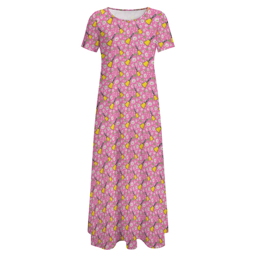 Pink Bells & Daisies Round Neck Short Sleeve Dress (No Pockets)