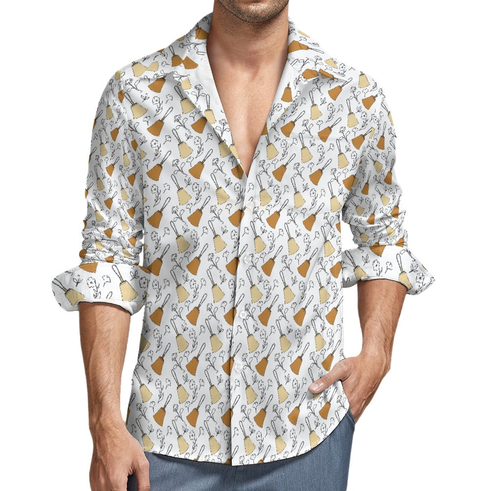 Bell Floral Black & White Peach Velvet Casual One Pocket Long Sleeve Shirt