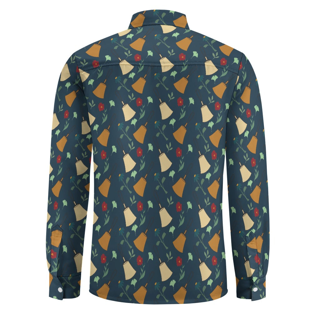 Bell Floral Deep Blue Velvet Casual One Pocket Long Sleeve Shirt